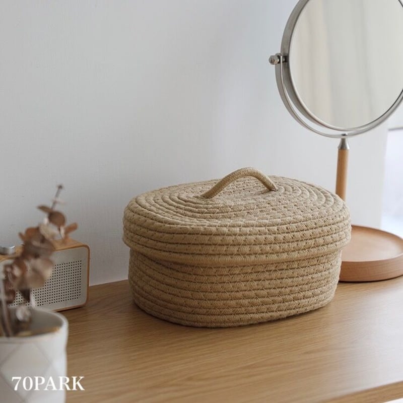 即納】#ロープ編み 蓋付き 小物入れ 全2色 バスケット 収納 | 70PARK