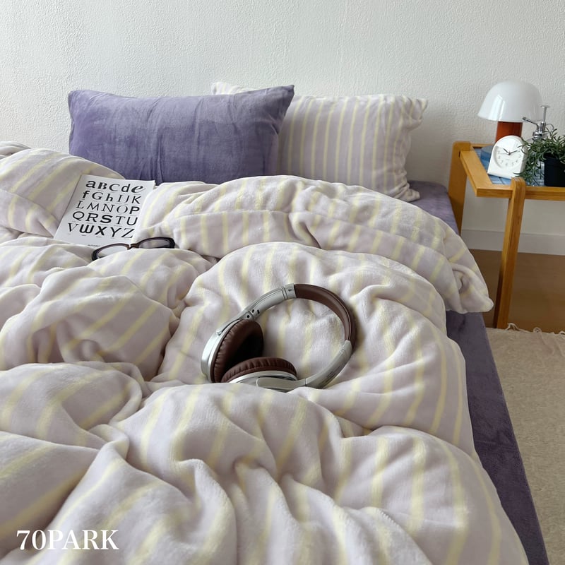 パープル ストライプ ミルク ベルベット 冬用 布団カバーセット 全2