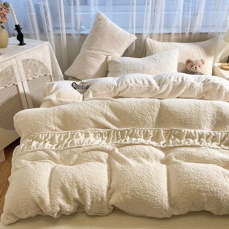 ふわもこ ギャザー ミルク ベルベット 冬用 布団カバーセット ベッド