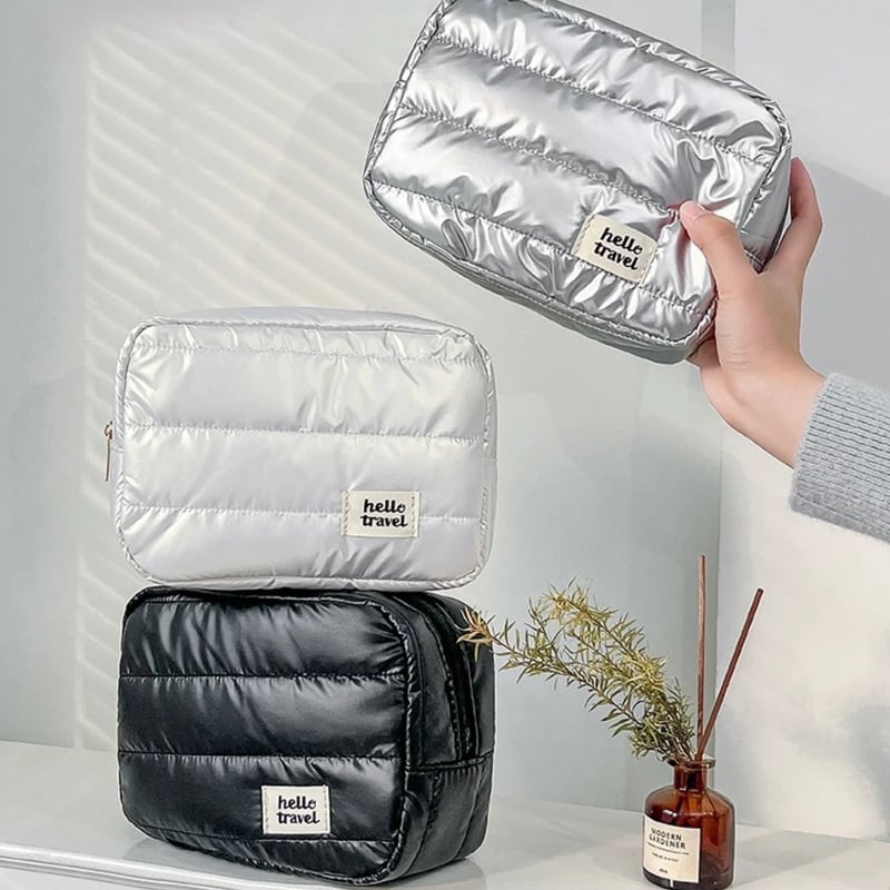 メタリックカラー 長方形 コスメ 収納 パフ ポーチ 全3色 シルバー