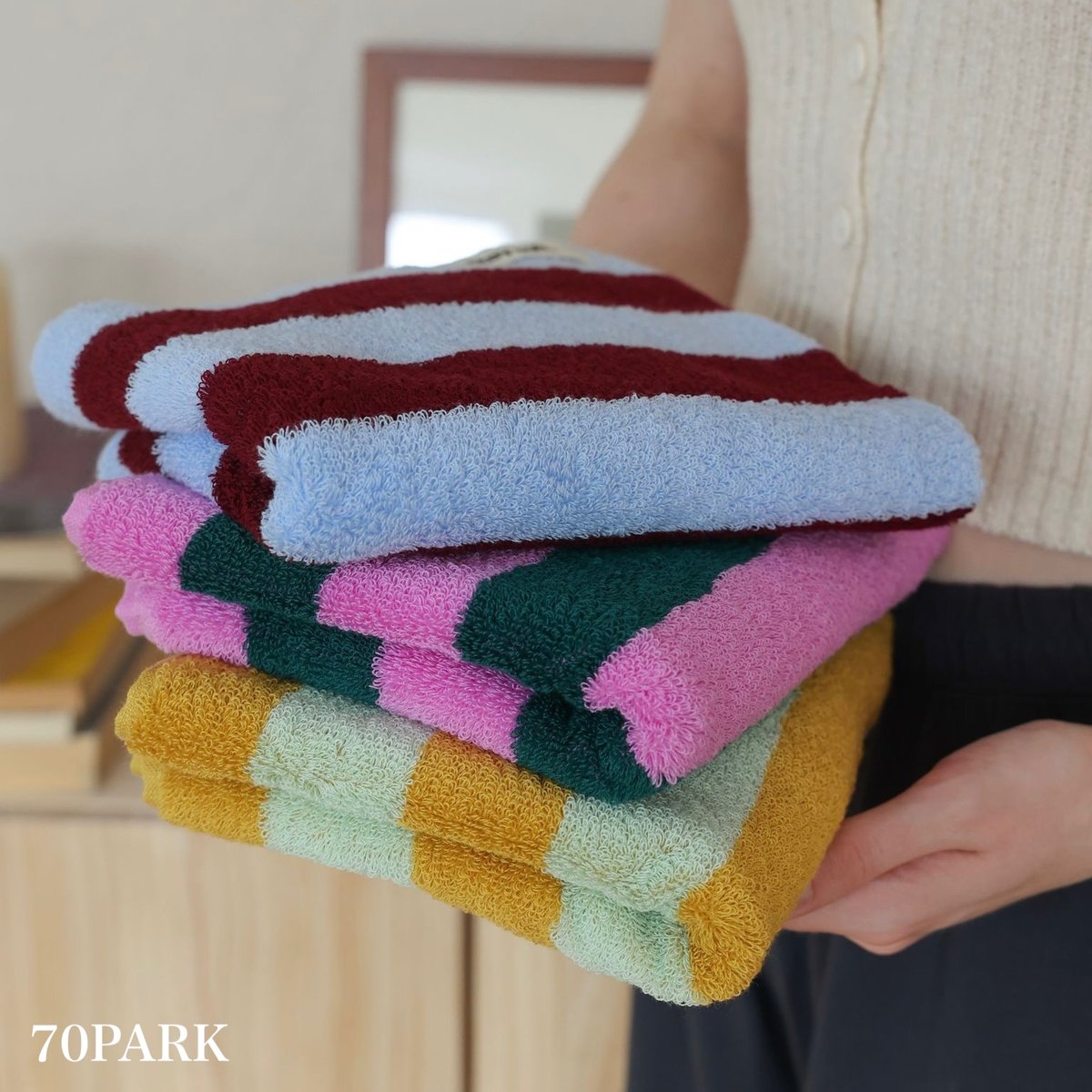 ワイド ストライプ カラフル フェイスタオル 全3色 綿 100% 吊り下げ