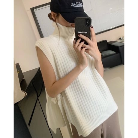 【即納】#ハーフジップ リブ ニット ベスト 全5色 ハイネック