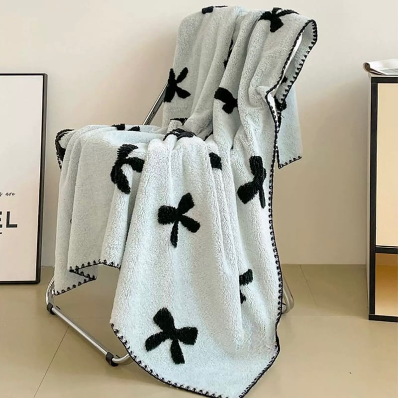 ブルー リボン パターン ステッチ ブランケット 150×200 膝掛け