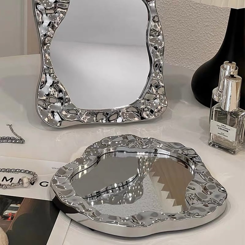 シルバー デコボコ 卓上 ミラー 全2種 鏡 トレイ | 70PARK