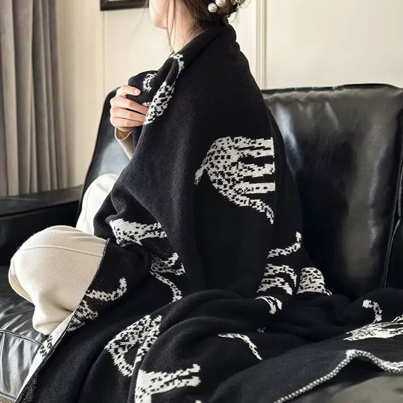即納】#チーター柄 ニット ブランケット 130×170 黒 膝掛け