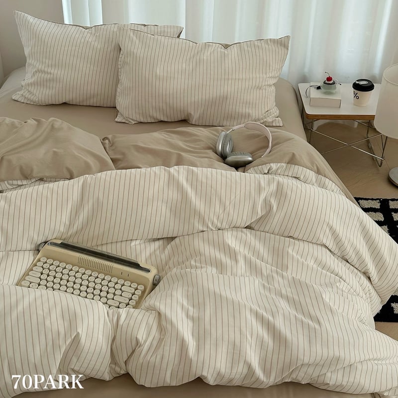 Ralph Lauren ベージュストライプ掛け布団カバーと枕カバーセット 心地最高☆【ダブル】Ralph Lauren綿入り布団&枕カバー3点Set (LAUREN