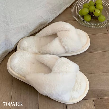 #クロス フェイクファー もこもこ ルームシューズ 全3色 室内 スリッパ
