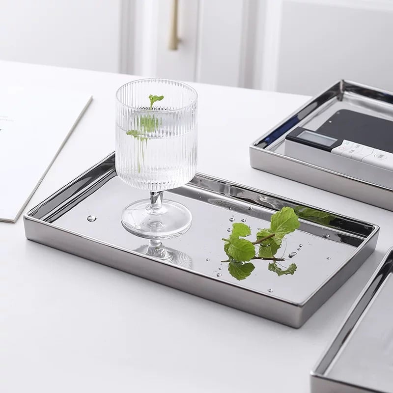 即納】#メタリック シルバー セラミック 長方形 トレイ 全2