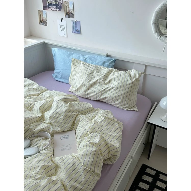 イエロー ミックス ストライプ柄 布団カバーセット 全2サイズ ベッド