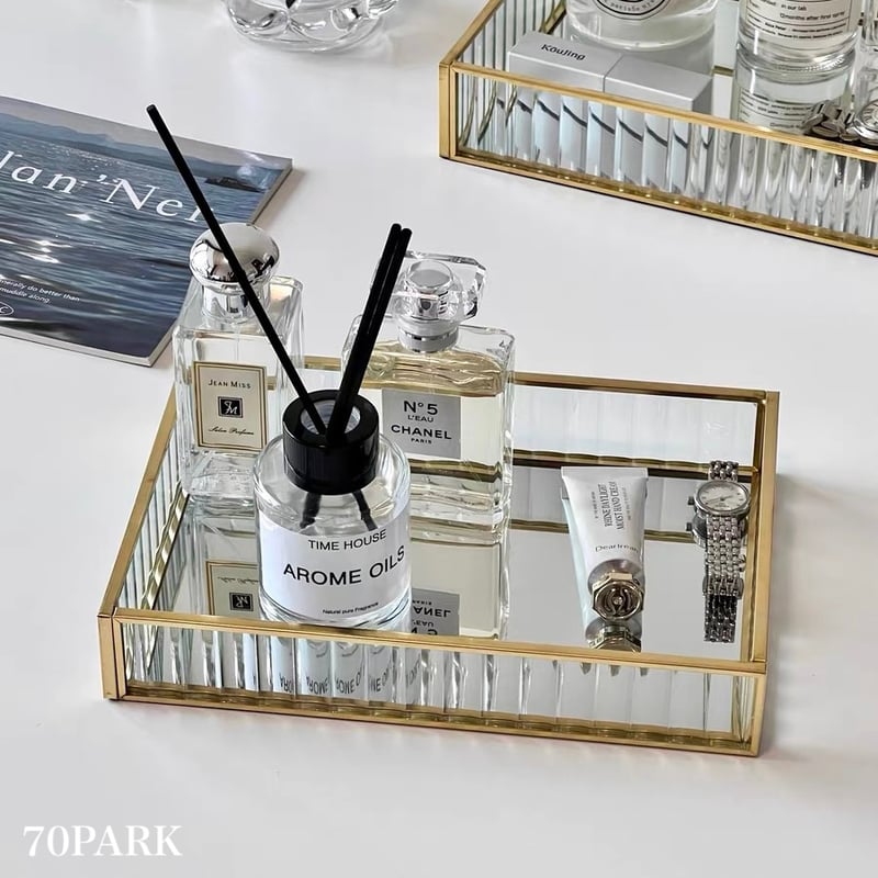 ゴールド フレーム 長方形 ミラー トレイ コスメ 収納 | 70PARK