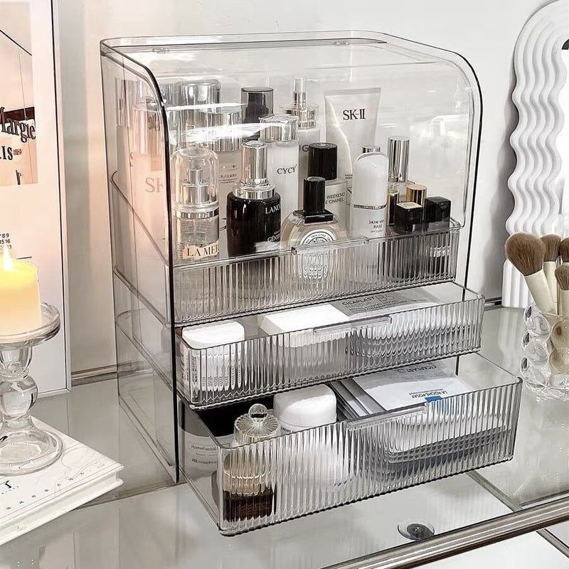 クリア ストライプ模様 蓋付き コスメ ボックス 収納 | 70PARK