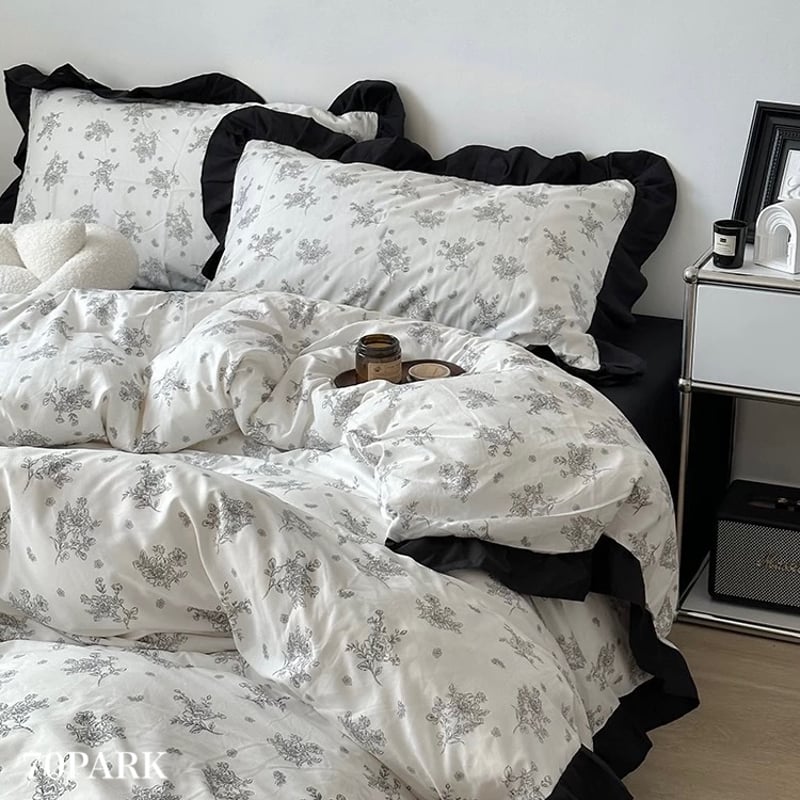 フラワー パターン ブラック フリル モノトーン 布団カバーセット 全2