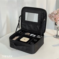 【即納】#ミラー付き シンプル メイクボックス 大容量 コスメ 収納 ポーチ ブラック トラベルポーチ