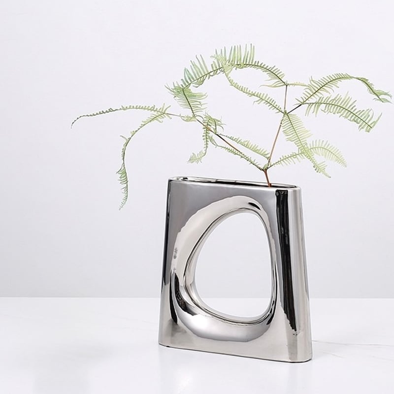 メタリック シルバー 穴あき セラミック フラワーベース 全2サイズ