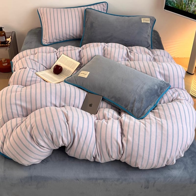 ブルー ストライプ パイピング 厚手 ミルク フリース 冬用 布団カバー