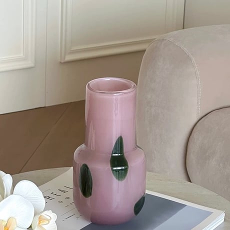 #グリーン ドット ピンク ガラス フラワーベース 花瓶