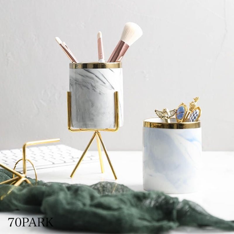 大理石調２段スタンド 即納】#大理石調 ゴールド 脚付き 筒型 ブラシスタンド 全4色 ペン立て