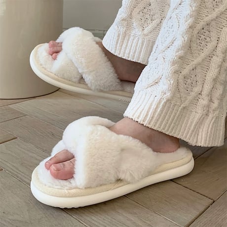 #クロス フェイクファー もこもこ ルームシューズ 全3色 室内 スリッパ