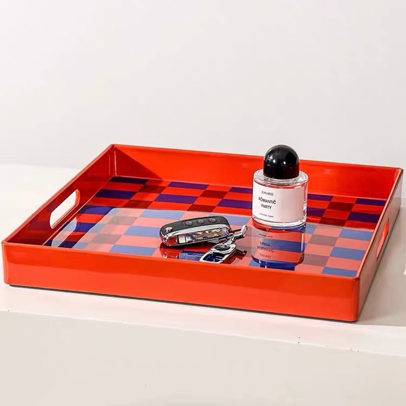 オレンジ ブルー チェッカー柄 スクエア トレイ | 70PARK