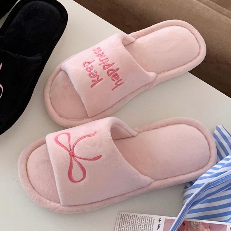 リボン 刺繍 デザイン ルームシューズ 全3色 3サイズ 室内 スリッパ