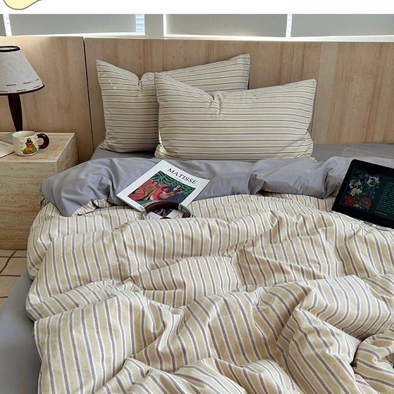 グレー マルチストライプ コットン 布団カバーセット 全2色 ベッド
