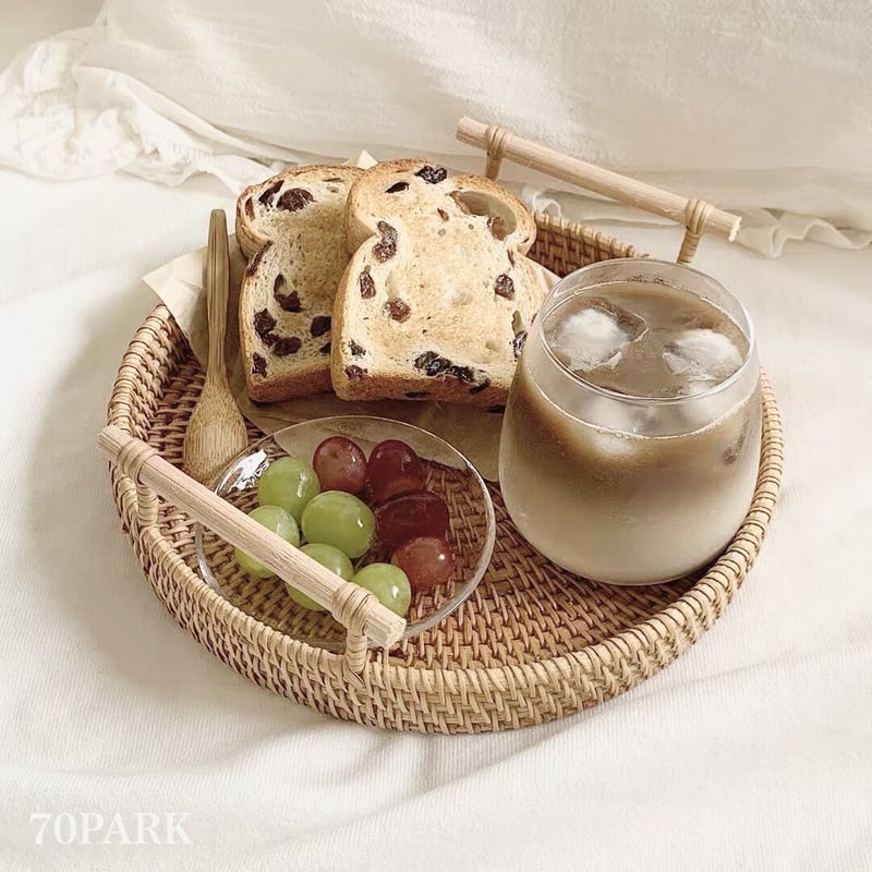 即納】#大判 ラタン ラウンド型 持ち手付き トレイ 小物入れ | 70PARK