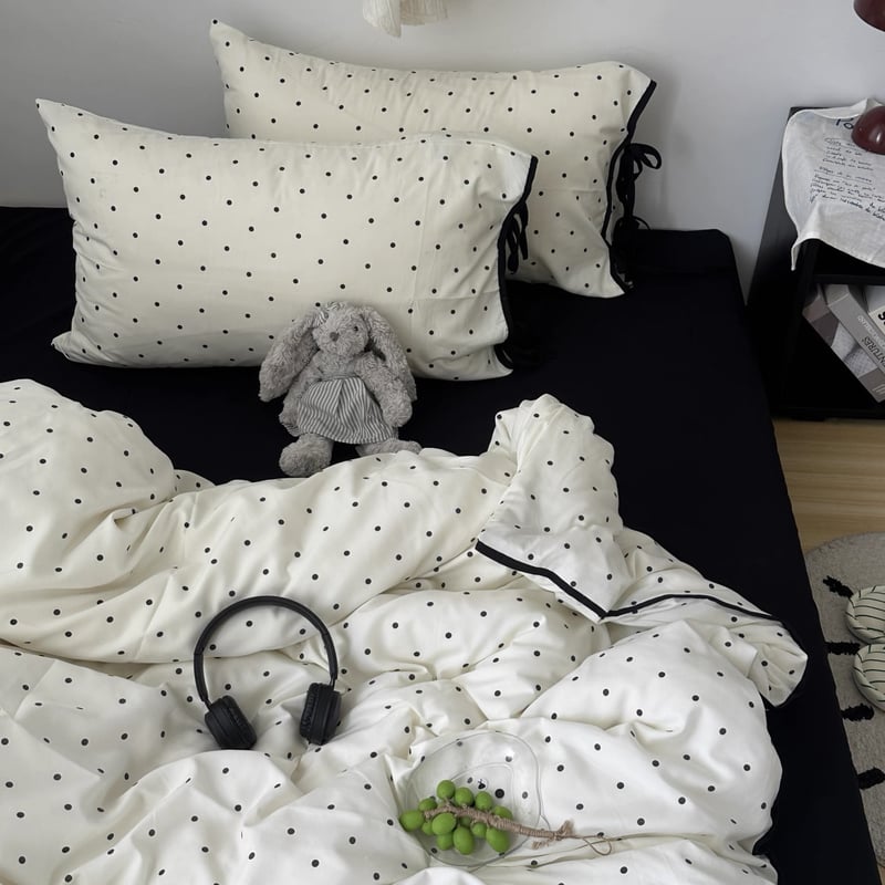 モノトーン ドット柄 パイピング リボン 布団カバーセット 全2サイズ