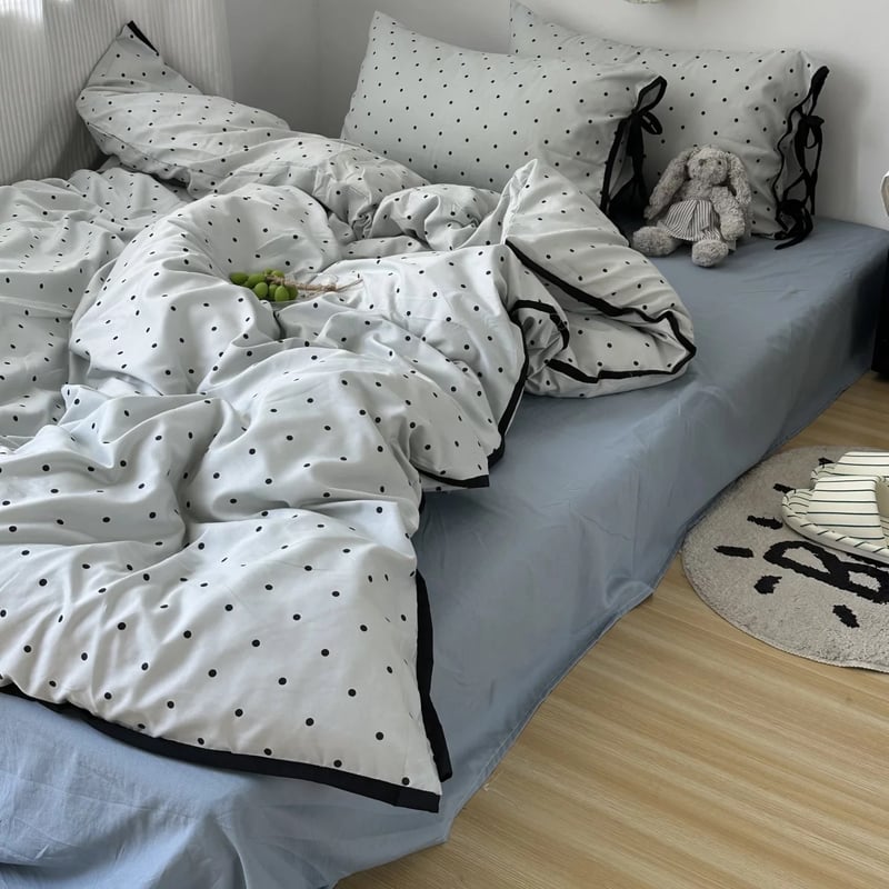 ブルー ドット柄 パイピング リボン 布団カバーセット 全2サイズ