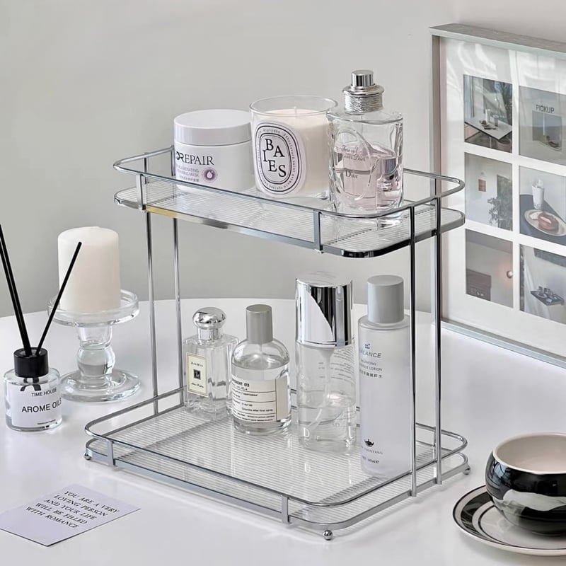 クリア シルバー ストライプ模様 コスメ 収納 ラック 韓国 | 70PARK