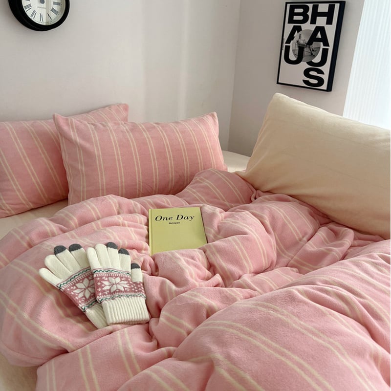 ピンク クリーム ダブル ストライプ 冬用 布団カバーセット 全3種 | 70PARK
