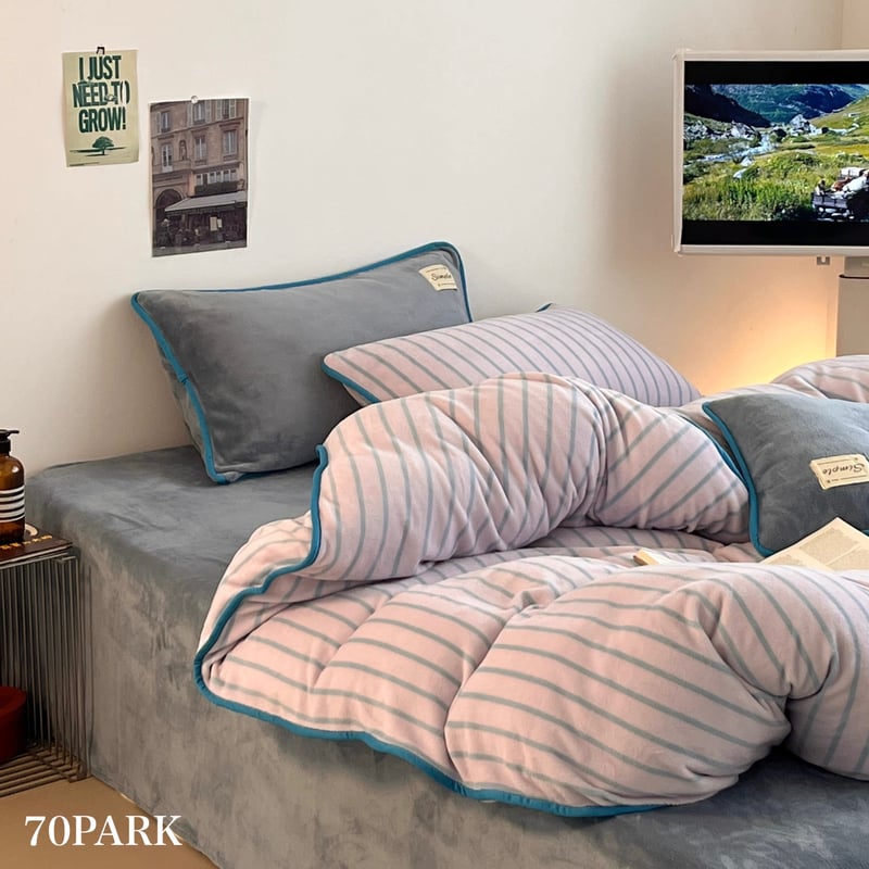 ブルー ストライプ パイピング 厚手 ミルク フリース 冬用 布団カバー