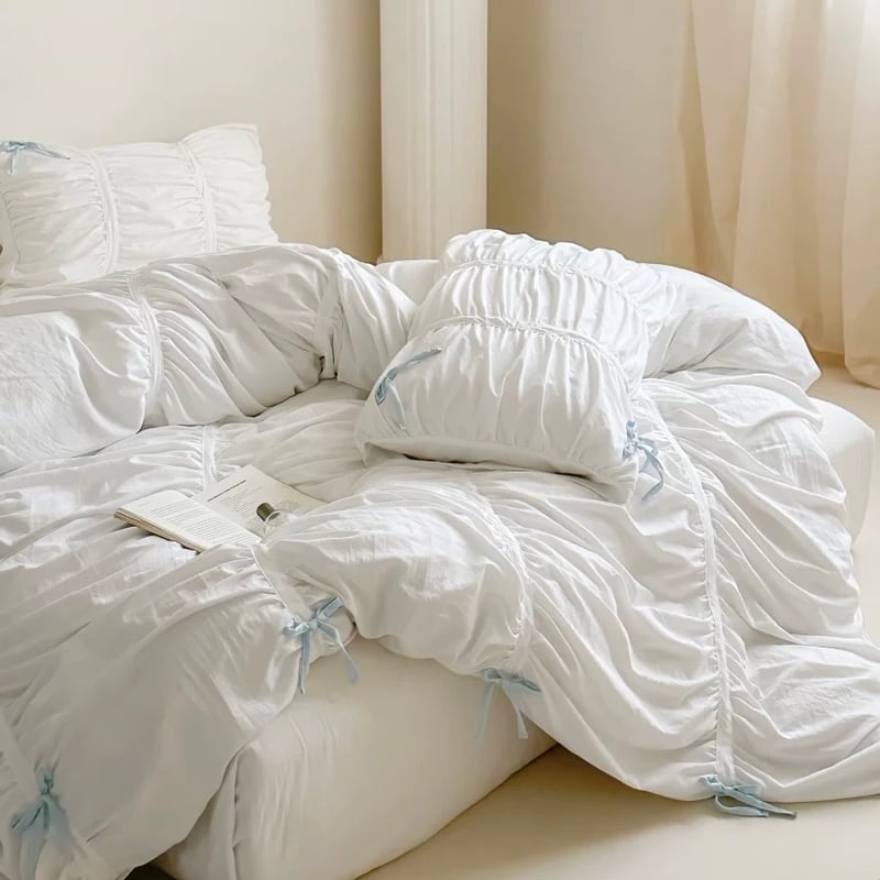 ホワイト ギャザー ロマンティック リボン 布団カバーセット 全2色