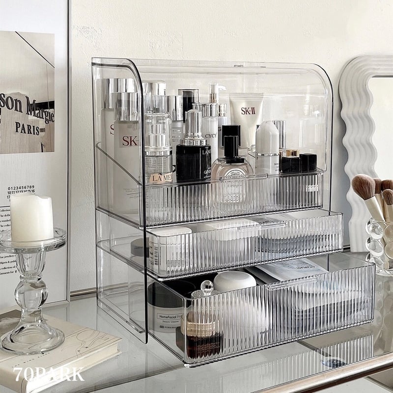 クリア ストライプ模様 蓋付き コスメ ボックス 収納 | 70PARK クリア ストライプ模様 蓋付き コスメ ボックス 収納 | 70PARK