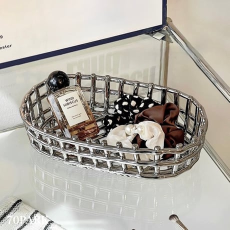 #シルバー あみあみ オーバル型 セラミック バスケット 小物収納