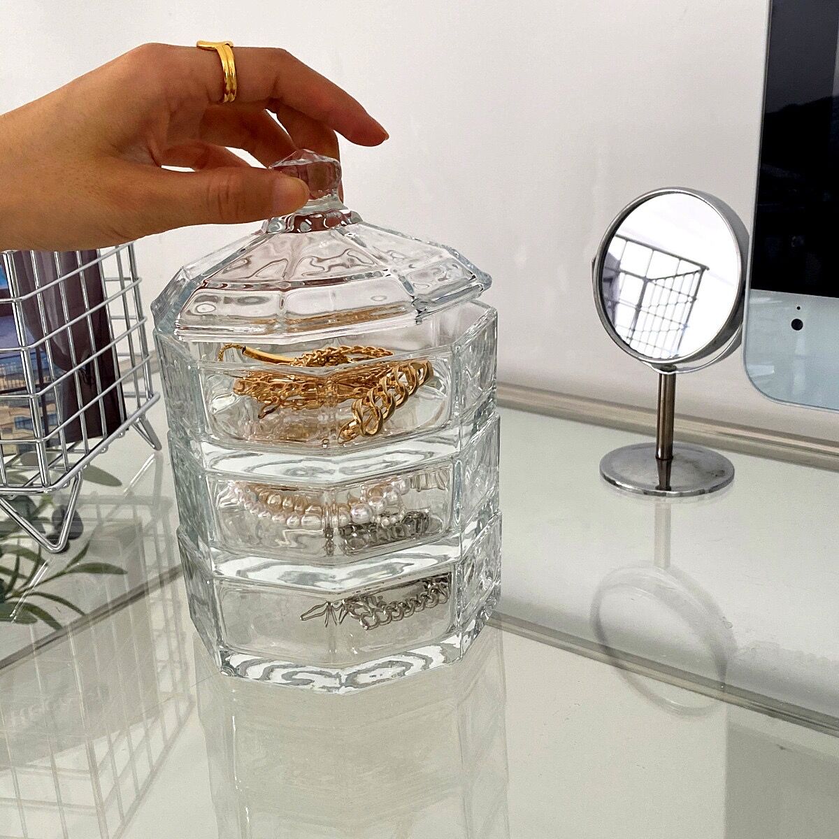 クリア ガラス 蓋付き 三段 小物入れ トレイ 収納 | 70PARK