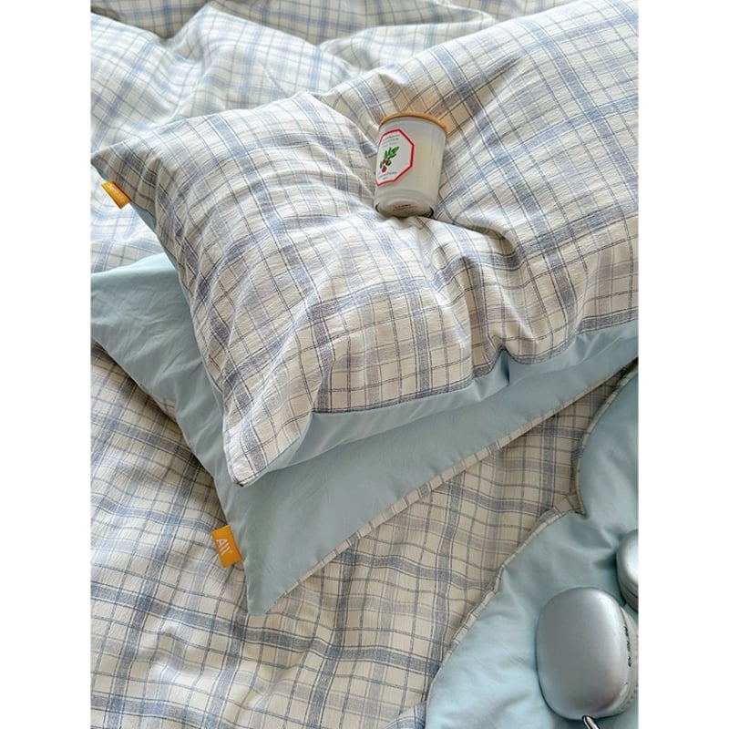 スカイブルー チェック柄 布団カバーセット 全2サイズ オールシーズン