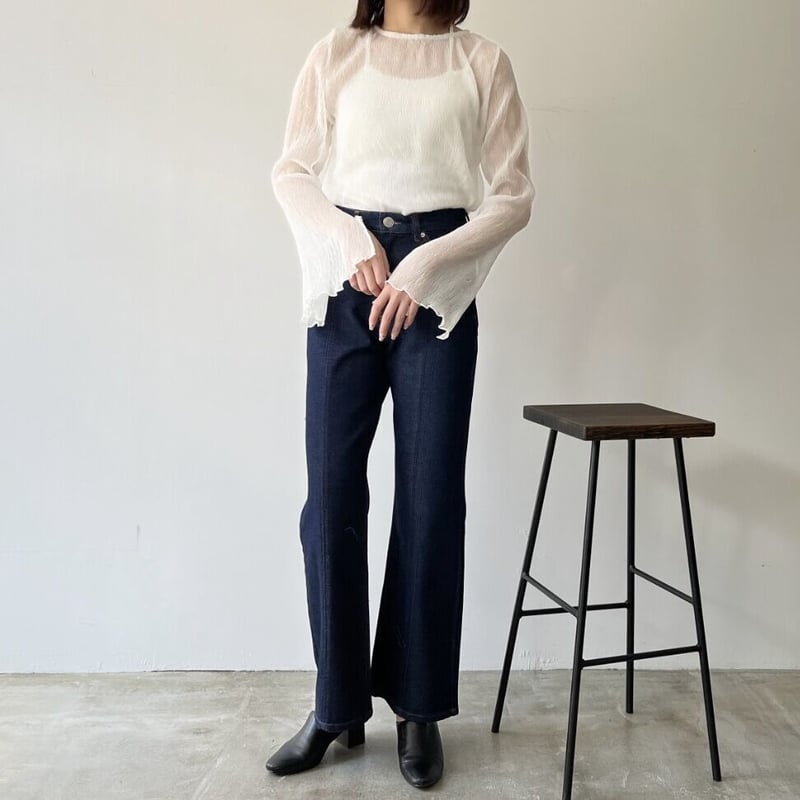 即納】#スリット入り フレアスリーブ シアー トップス 全2色