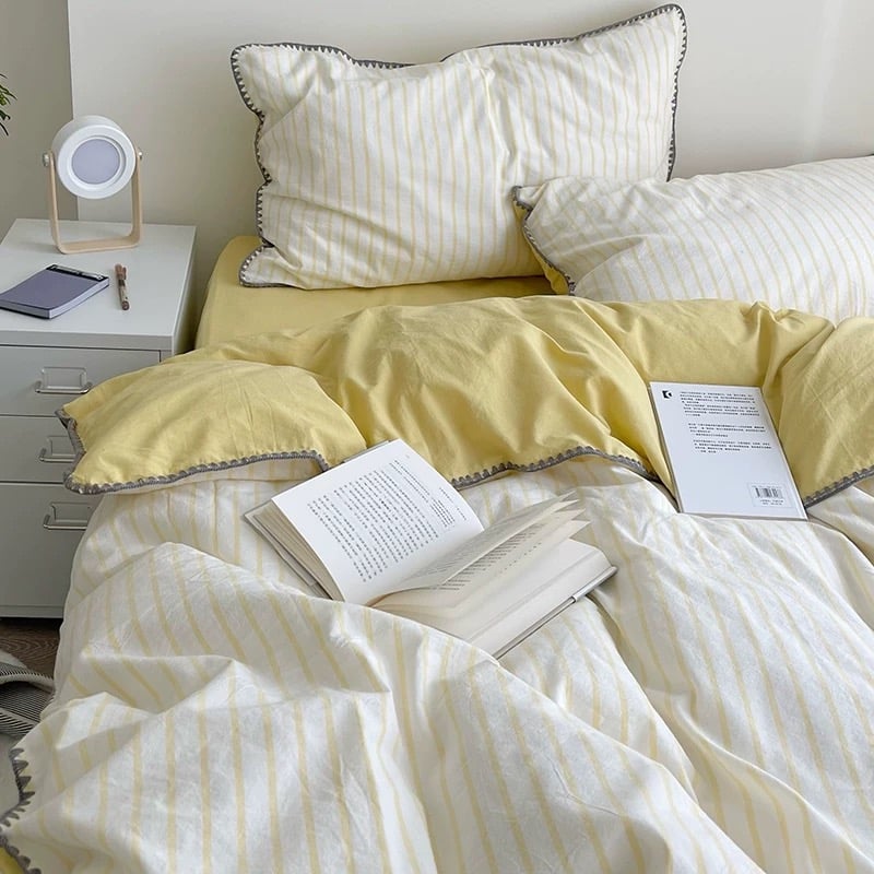 新品未開封　HAY ÉTÉ DUVET 布団カバー ダブル　イエロー ストライプ ステッチ カラー ストライプ コットン 布団カバーセット 全4色