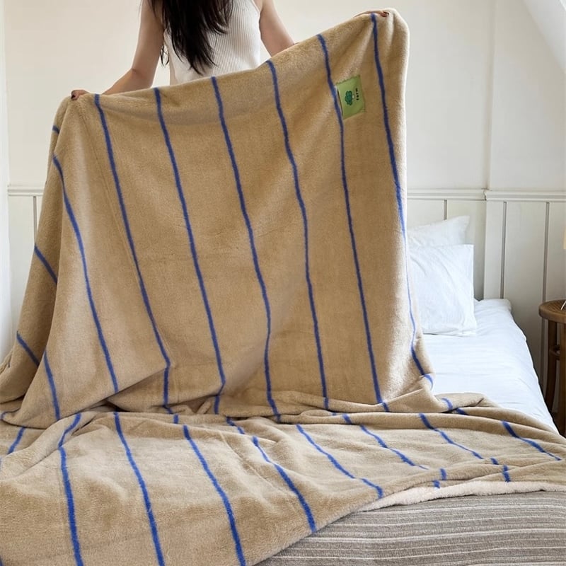ベージュ ブルー ストライプ柄 ふわふわ ソフト ブランケット 150×200