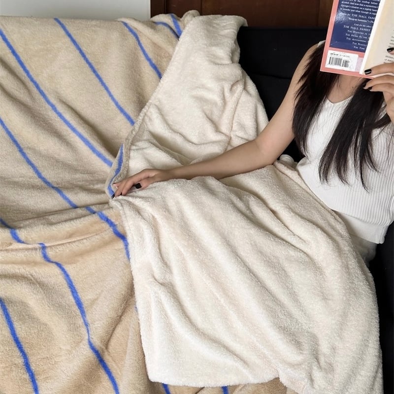 ベージュ ブルー ストライプ柄 ふわふわ ソフト ブランケット 150×200