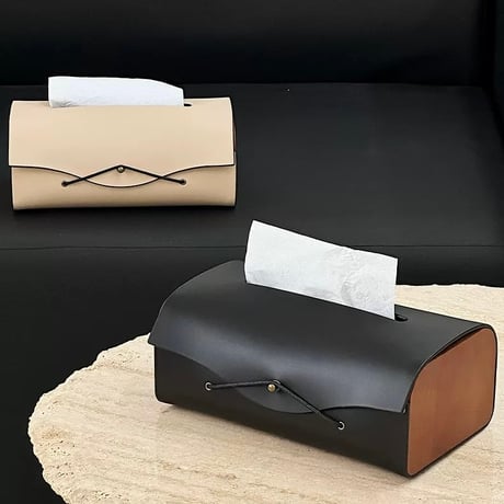 #サイド ウッド フェイクレザー シンプル ティッシュケース 全3色