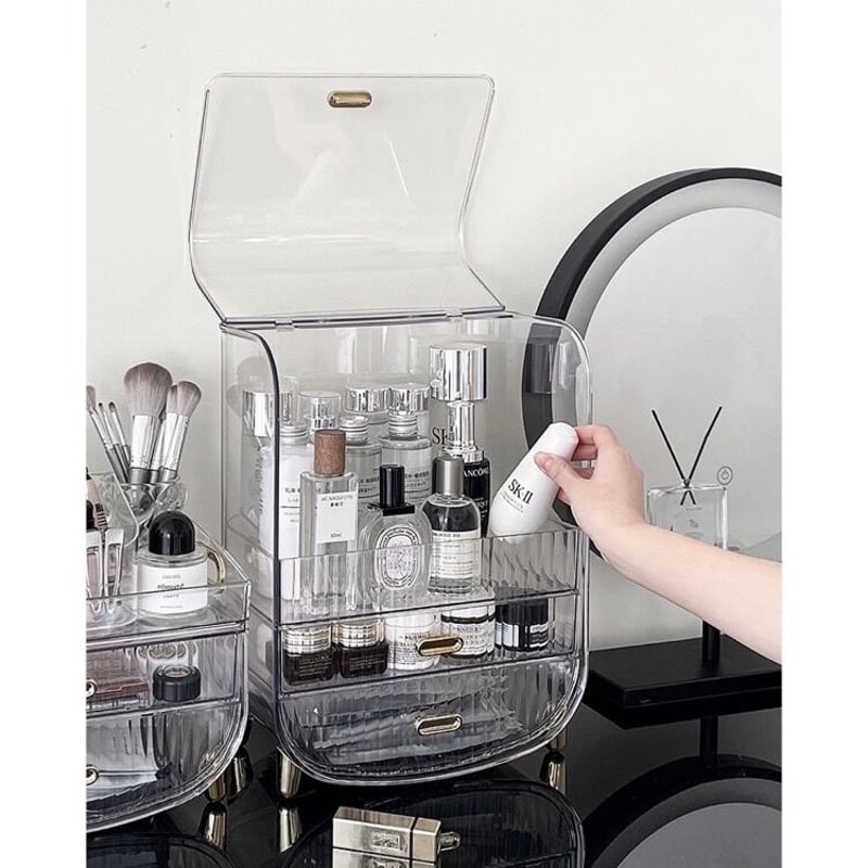 即納】#クリア ゴールド 蓋付き 大容量 コスメ ボックス 収納 | 70PARK