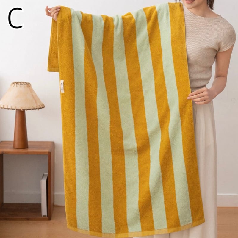 ワイド ストライプ カラフル バスタオル 全3色 綿 100% 吊り下げ