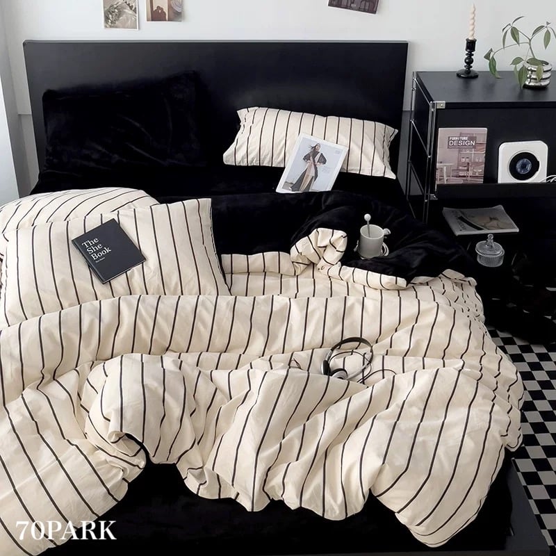 アイボリー ブラック ストライプ 冬用 布団カバーセット 全2種 | 70PARK