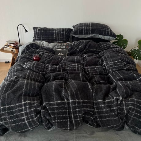 #グレー レトロ チェック柄 布団カバーセット 全2サイズ 冬用 厚手 ベッドカバー 寝具カバー