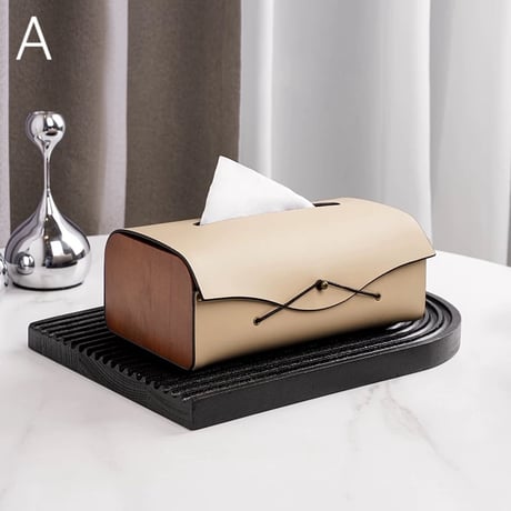 #サイド ウッド フェイクレザー シンプル ティッシュケース 全3色