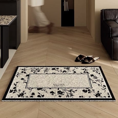 #ブラック フラワー柄 玄関 マット 50×80 泥落としマット
