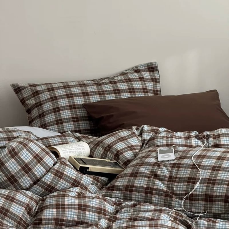 ブラウン シーツ チェック柄 コットン 布団カバーセット 全3種 オール