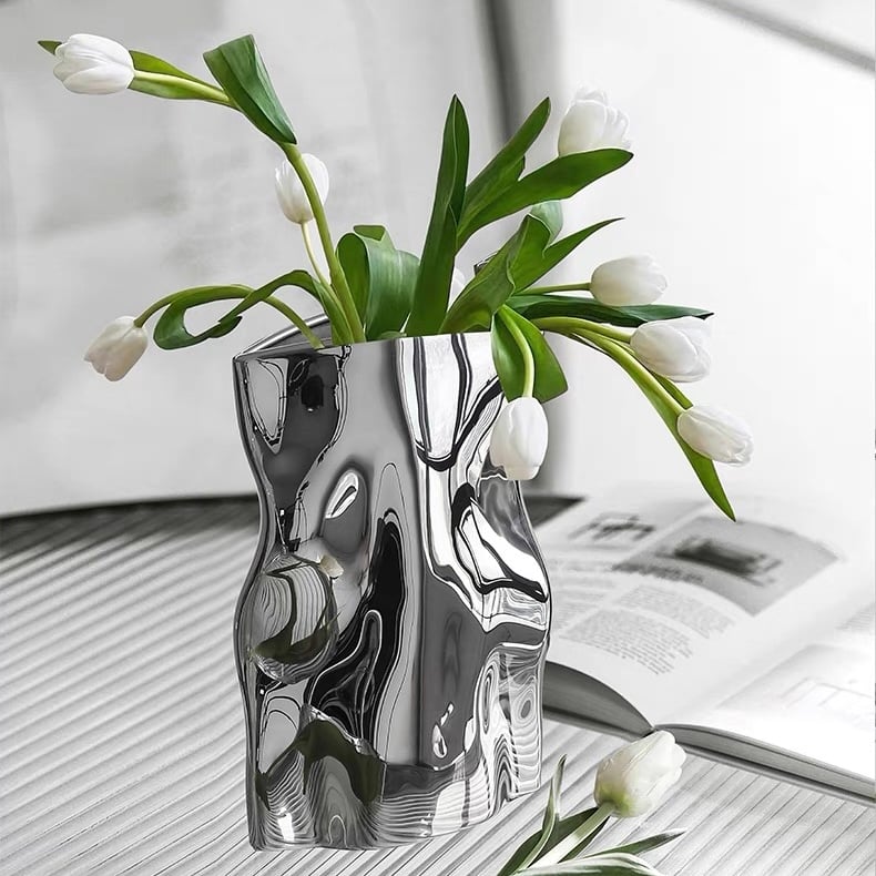 シルバーカラー 縦長 セラミック フラワーベース 花瓶 | 70PARK