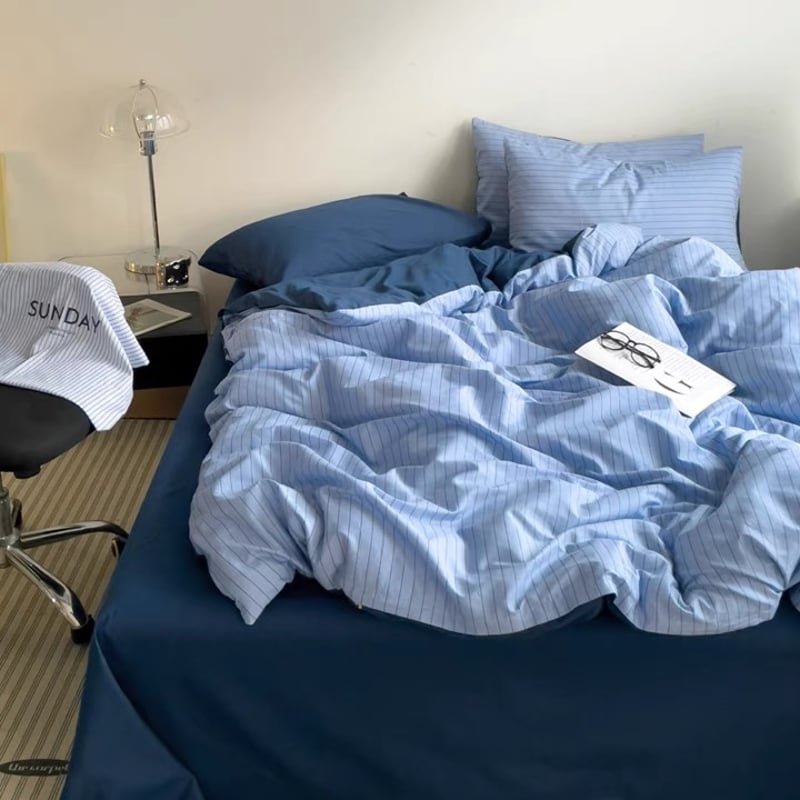ブルー ネイビー ピンストライプ コットン 布団カバーセット 全2種